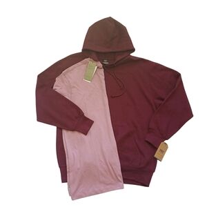 2 Pc Bundle Pullover Maroon Hoodie Drawstring Hood + Pink Crewneck T-shirt NWT
